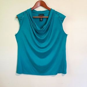 Professional business casual studded teal cowl neck blouse L